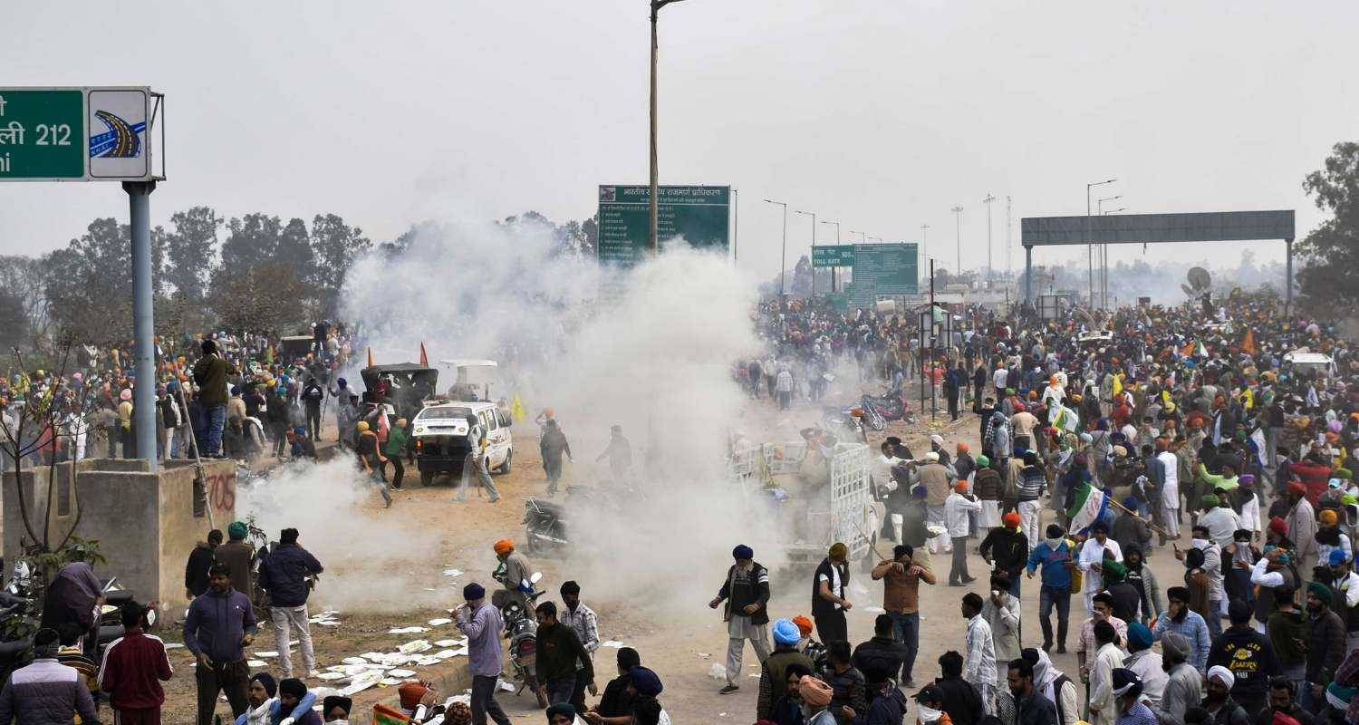 Tear gas being deployed by the forces at Shambhu border as retaliation to protestors pelting stones