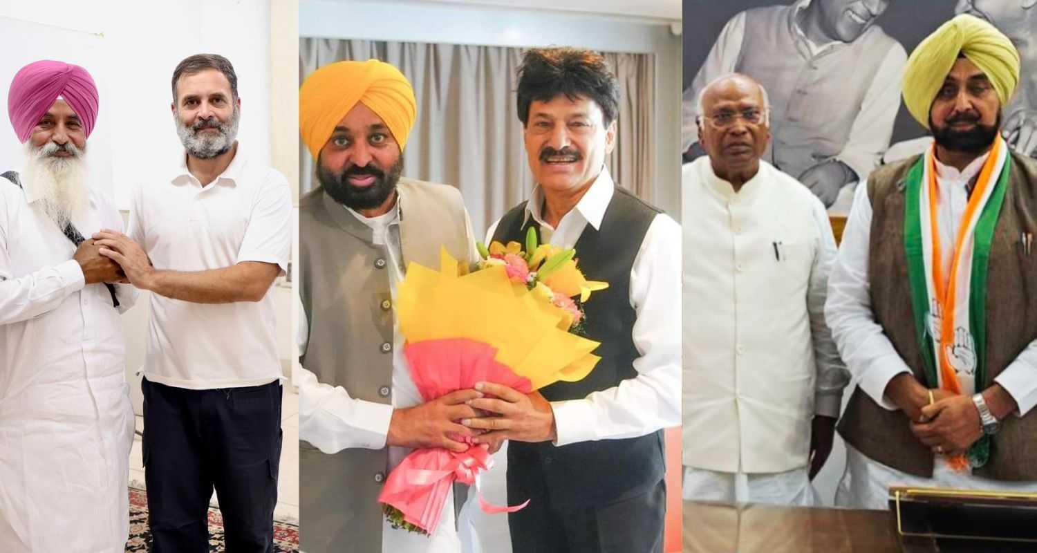 LIP leader with Rahul Gandhi (left), CM Bhagwant Mann with Sawaran Salaria (centre), and Mallikarjun Kharge with Jagmohan Kang (right). 