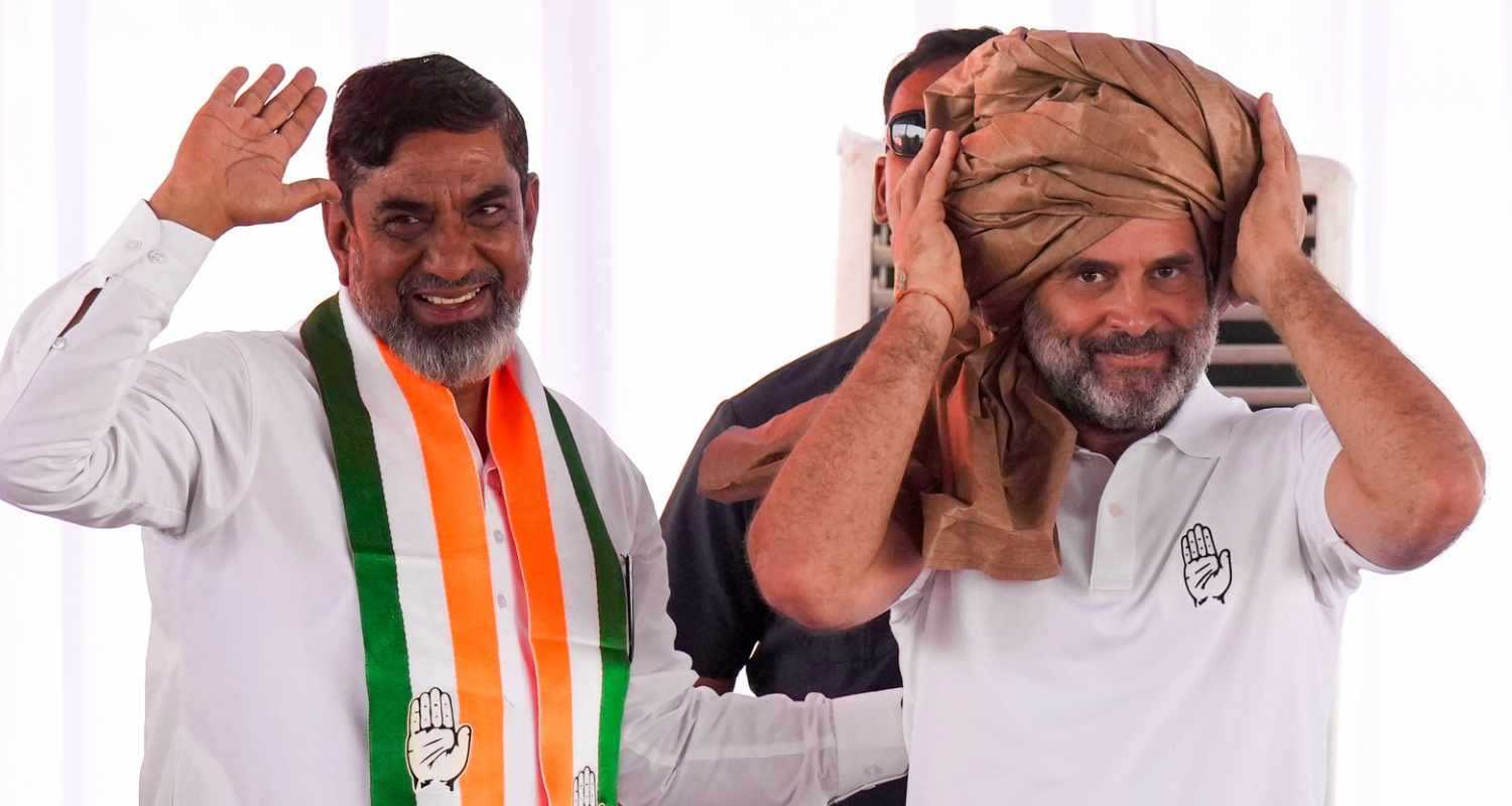 Congress leader Rahul Gandhi being felicitated by party candidate from Nuh constituency Aftab Ahmed during the party's public meeting 'Haryana Vijay Sankalp Jansabha' , ahead of Assembly polls, in Nuh, Haryana, Thursday. 