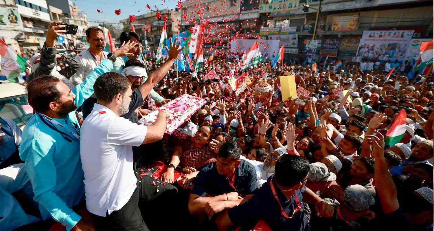 Picture of Rahul Gandhi with supporters during the Bharat Jodo Nyay Yatra, in Dahod, Gujarat. 