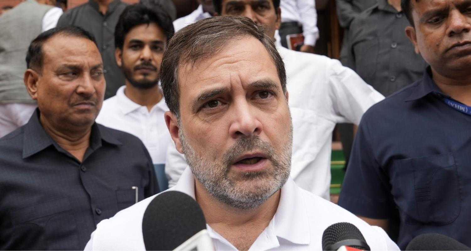 Rahul Gandhi speaking to reporters outside the parliament today.