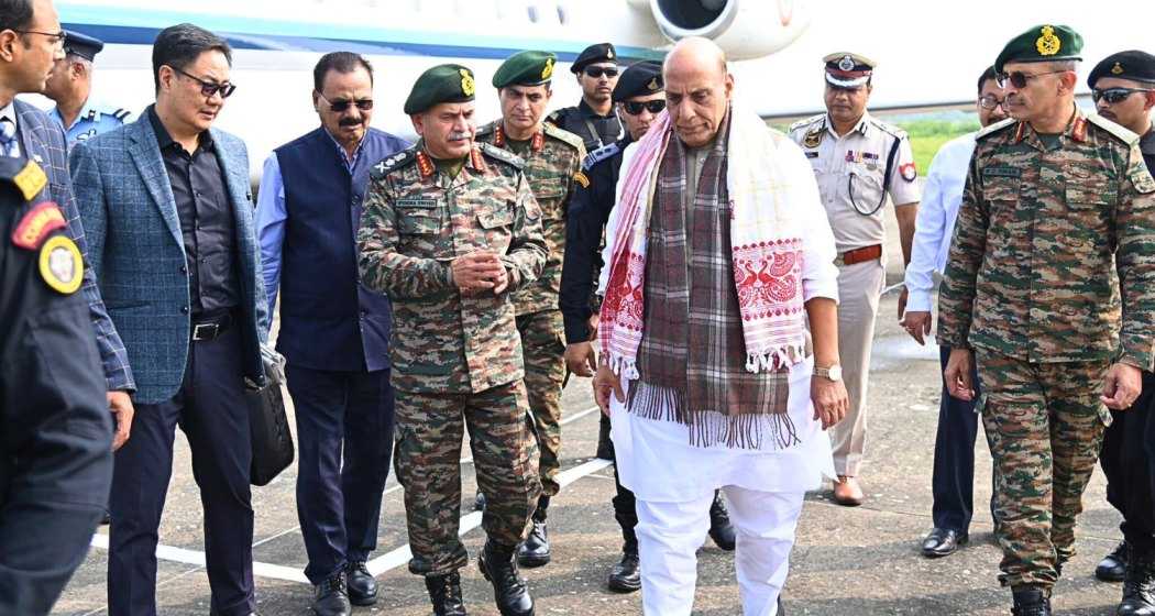 Union Defence Minister, Rajnath Singh, arrives at the Air Force Station in Assam's Borjhar after his trip to Tawang got cancelled due to harsh weather conditions. He is accompanied by Union Minister for Parliamentary Affairs, Kiren Rijiju; Act East Policy Minister in Assam government, Chandra Mohan Patowary; and Chief of Army Staff, Upendra Dwivedi 