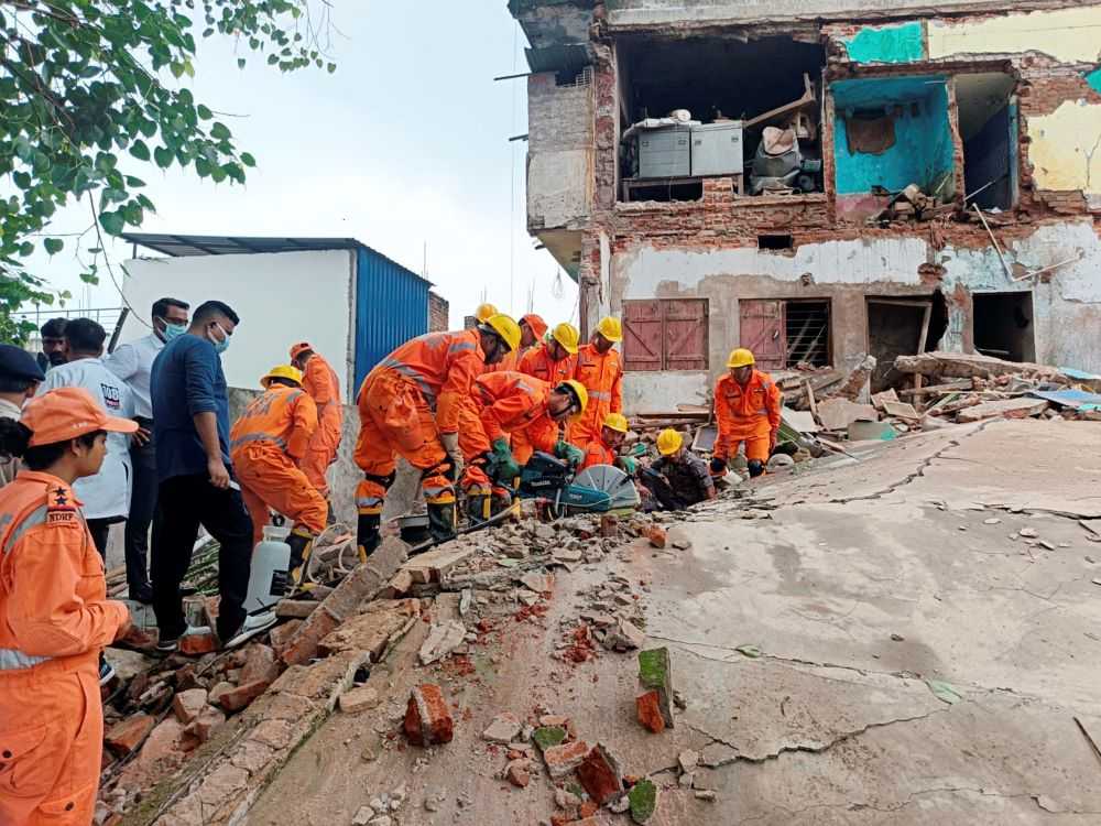 Six persons were taken out from under the debris and brought to the Sadar Hospital here. Of them, two were declared dead on arrival and another woman succumbed to her injuries later. Three others, including a child are under treatment.