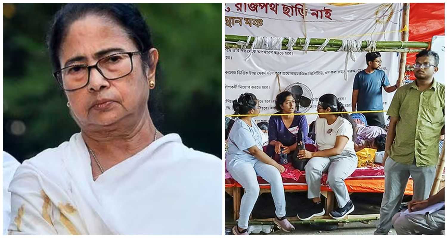 Junior doctors sit on a hunger strike demanding justice for the victim of the RG Kar Hospital rape-murder case, in Kolkata.