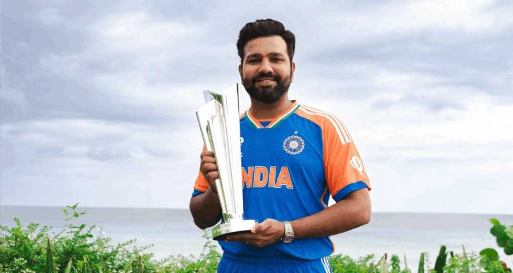 Indian men's cricket captain Rohit Sharma with the ICC T20 WC trophy in Barbados, West Indies. File photo.