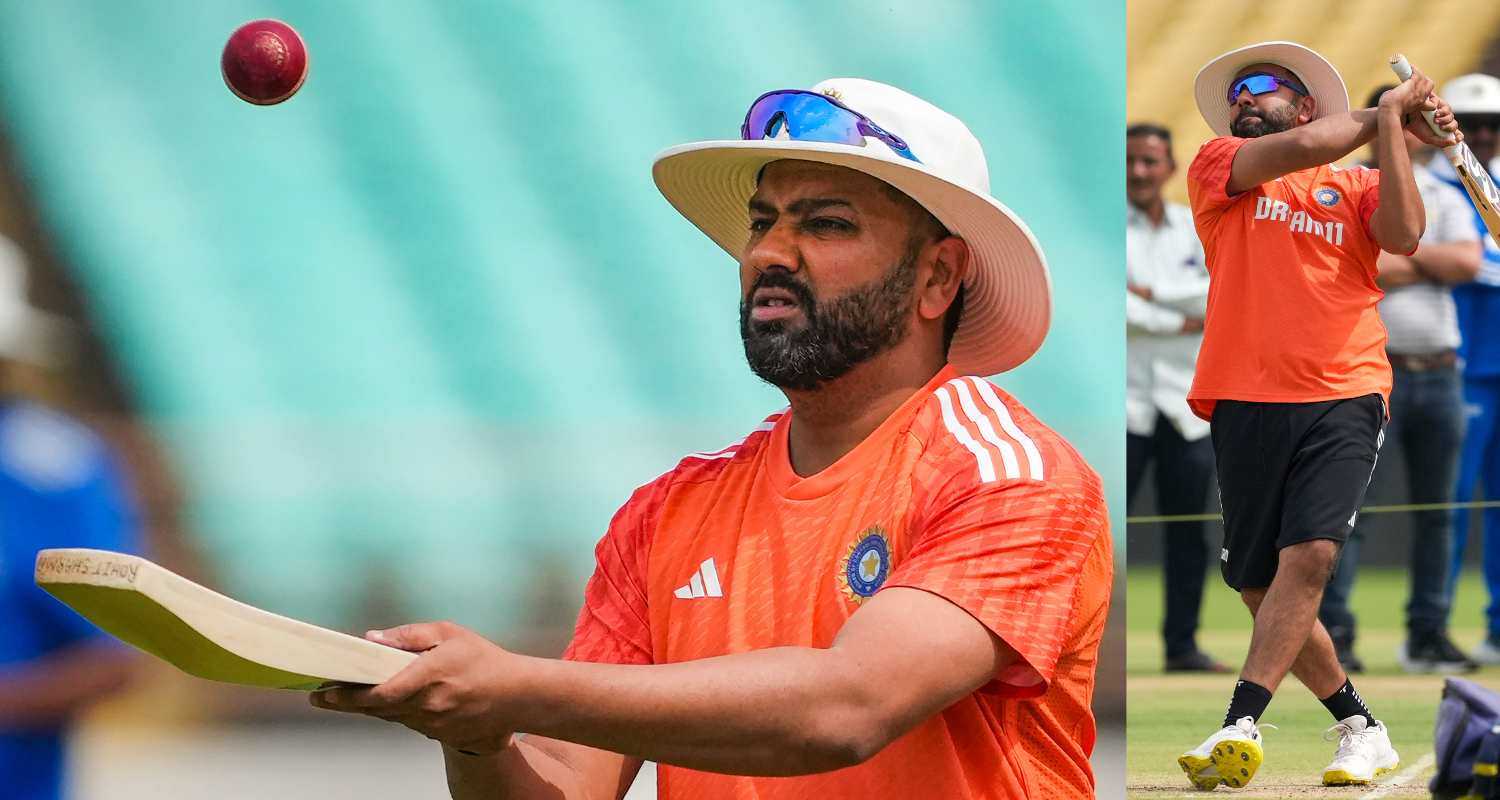 Rohit Sharma knocking the ball during a practice session ahead of the 4th test match