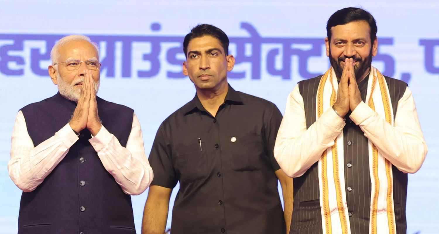 PM Modi with newly sworn Haryana chief minister Nayab Singh Saini on Thursday. 