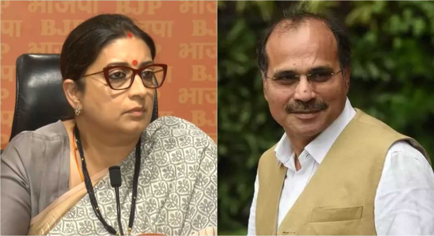 BJP MP and Union Minister Smriti Irani (L), Congress' leader and six-time MP Adhir Ranjan Chowdhury (R).