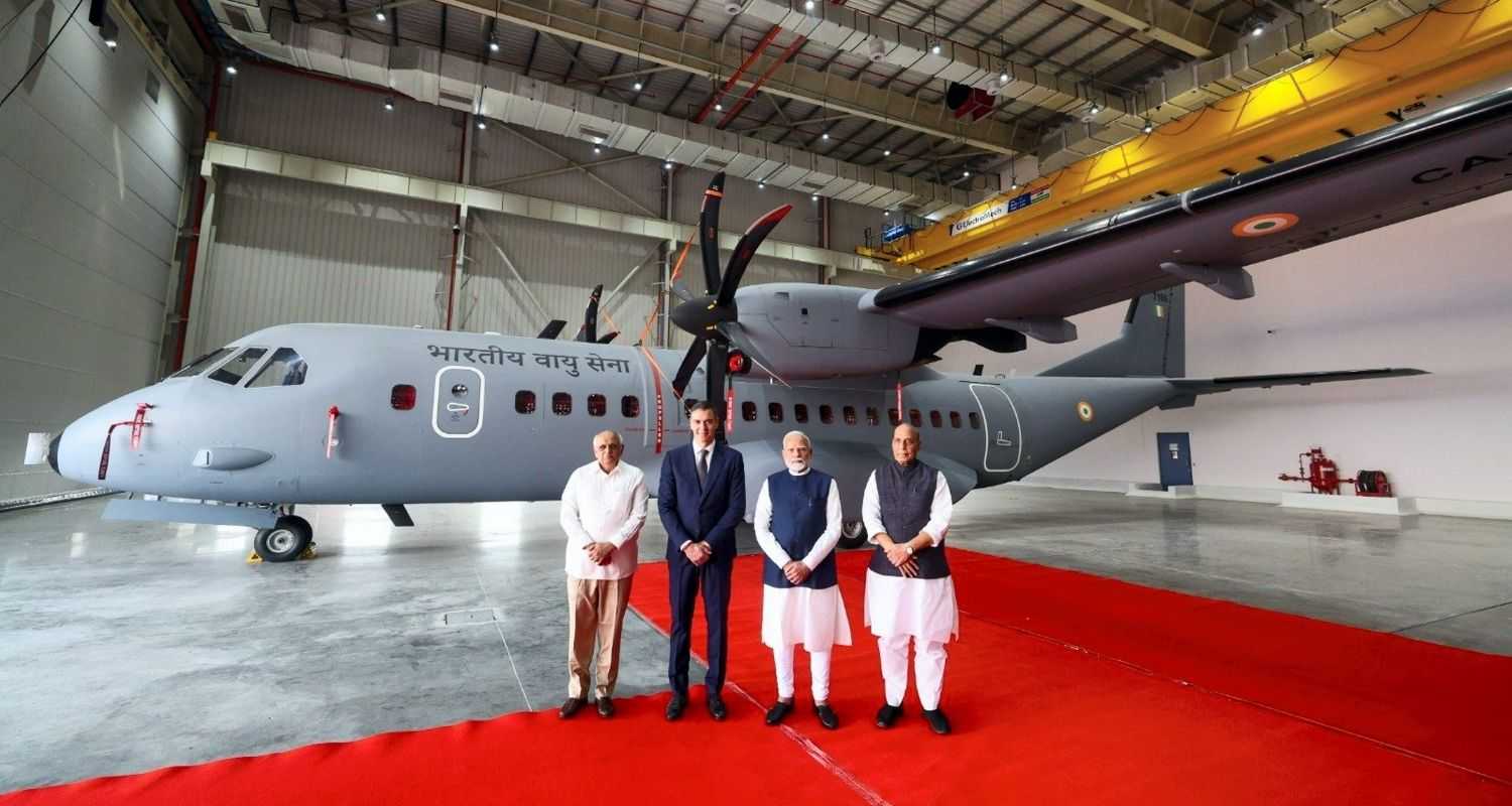 PM Narendra Modi, Spanish PM Pedro Sanchez, Defence Minister Rajnath Singh, Gujarat CM Bhupendra Patel at the inauguration of TATA Aircraft Complex, in Vadodara, Gujarat on Monday.