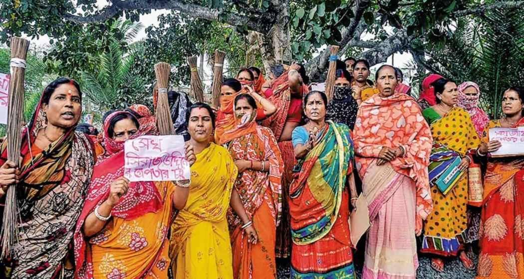 Women staging a protest in Sandeshkhali. 