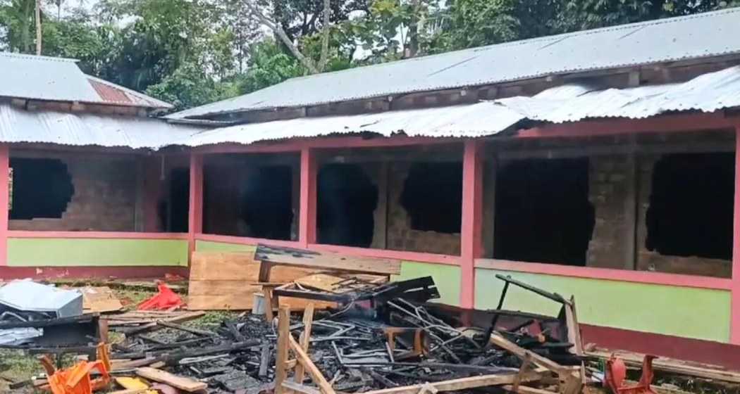 The school in Assam's Karimganj after it was torched by locals.