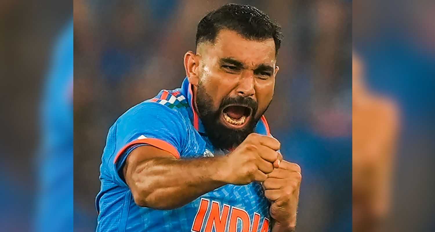 Mohammed Shami celebrates a wicket.