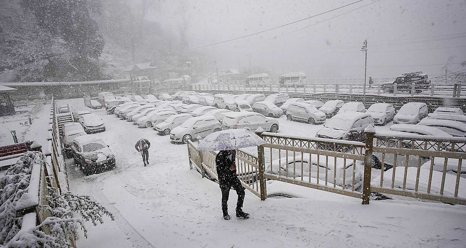 Shimla was wrapped in a thin blanket of snow on Thursday Kufri and Fagu was entirely covered in snow tribal areas of Himachal Pradesh 165 roads remain blocked in tribal districts of Kinnaur and Lahaul and Spiti Chidgaon in Shimla district recorded 75-cm snow