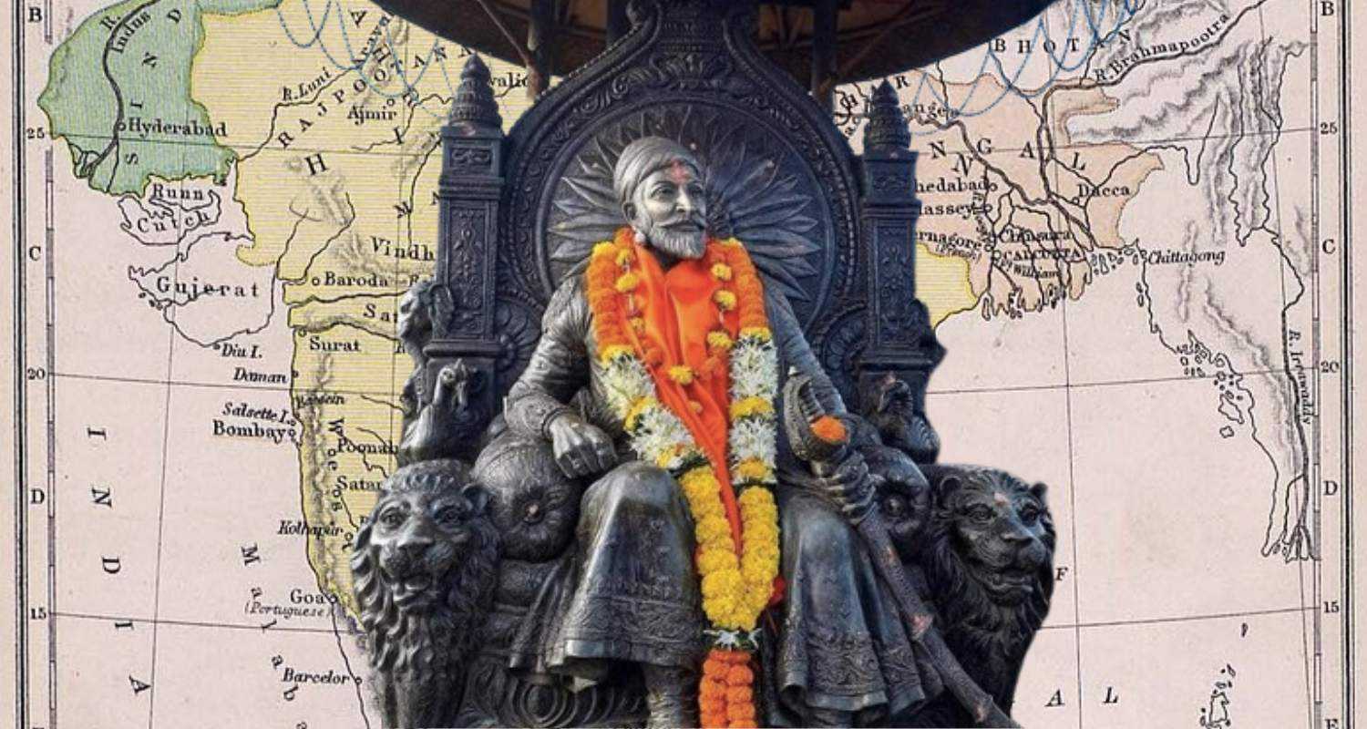 An idol of Shivaji Maharaj superimposed on a map of the Maratha empire.