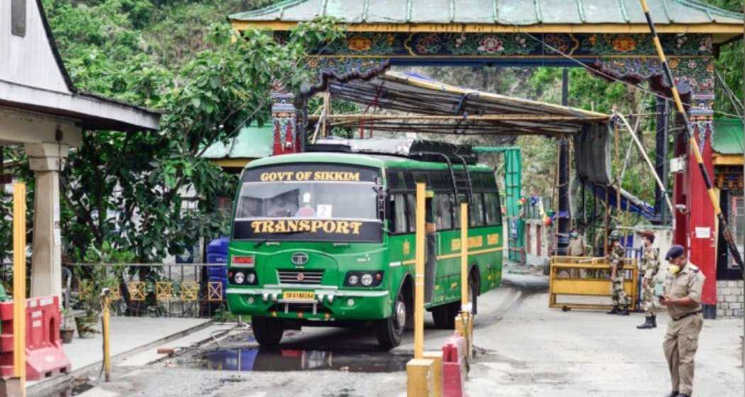 A Sikkim government bus crossing the Sikkim-West Bengal border at Rangpo. File photo.