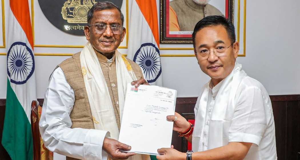 Sikkim Krantikari Morcha (SKM) leader Prem Singh Tamang meets State Governor Lakshman Prasad Acharya to stake claim to form the government in the state at Raj Bhavan, in Gangtok, Sikkim on Monday.