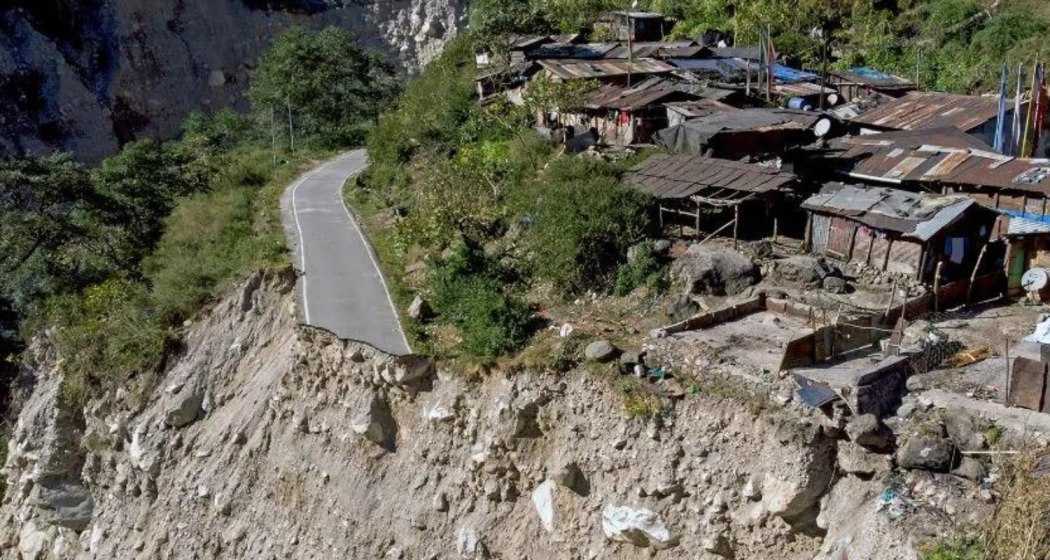 An aerial view reveals the extensive devastation in a village in North Sikkim following the Glacial Lake Outburst Flood, showcasing the destruction of roads, infrastructure, and the subsequent challenges faced by the affected.