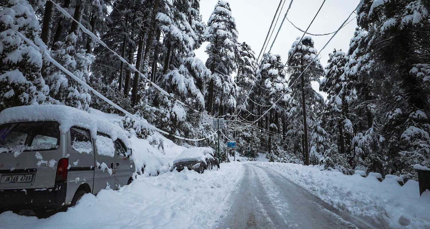 A snowy road in the Patnitop hill station in Jammu and Kashmir after fresh snowfall