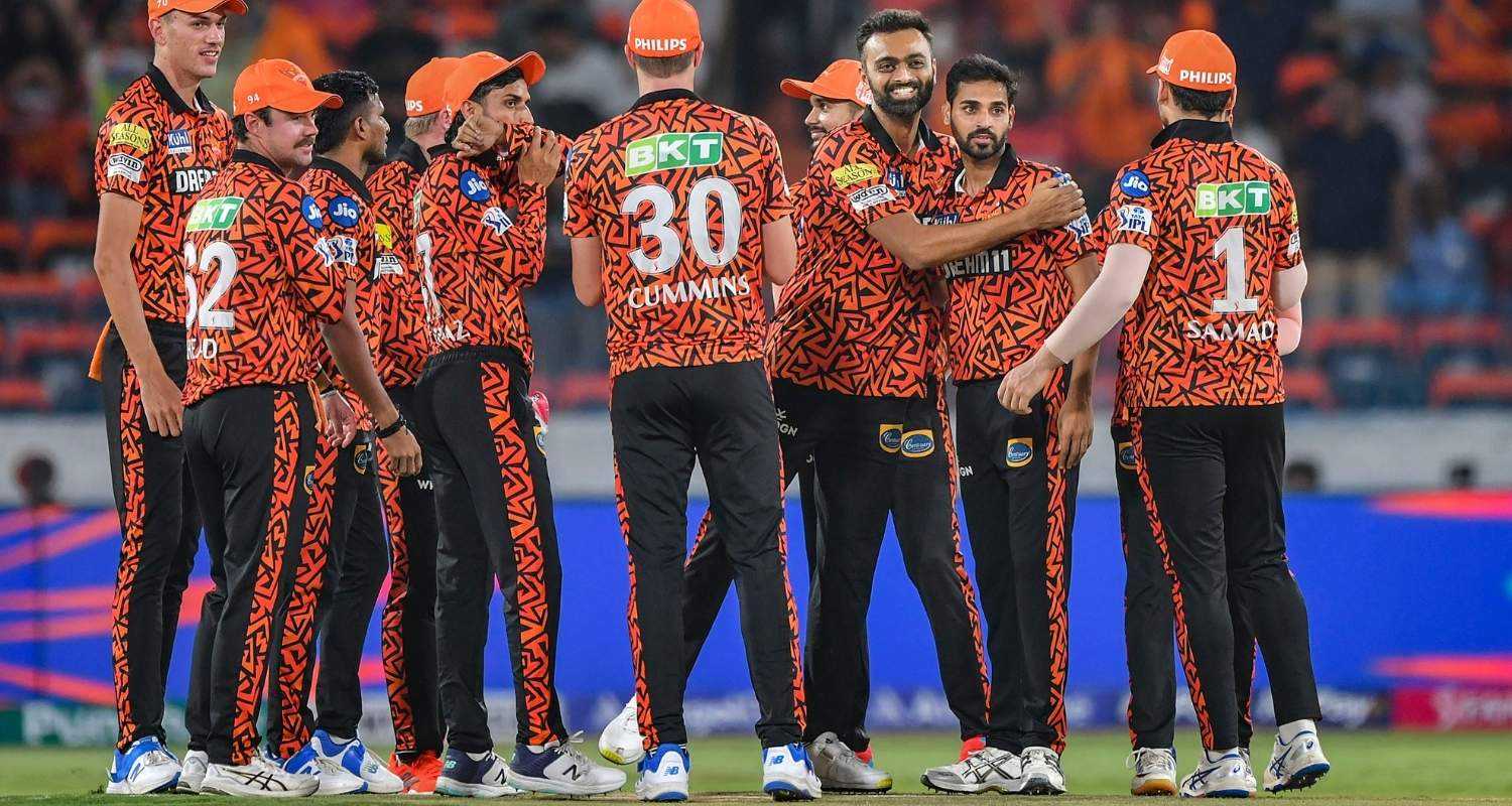  Sunrisers Hyderabad players celebrate the wicket of Rajasthan Royals batter Sanju Samson during the IPL 2024 T20 cricket match between Sunrisers Hyderabad and Rajasthan Royals at Rajiv Gandhi International Cricket Stadium, Uppal, in Hyderabad. 