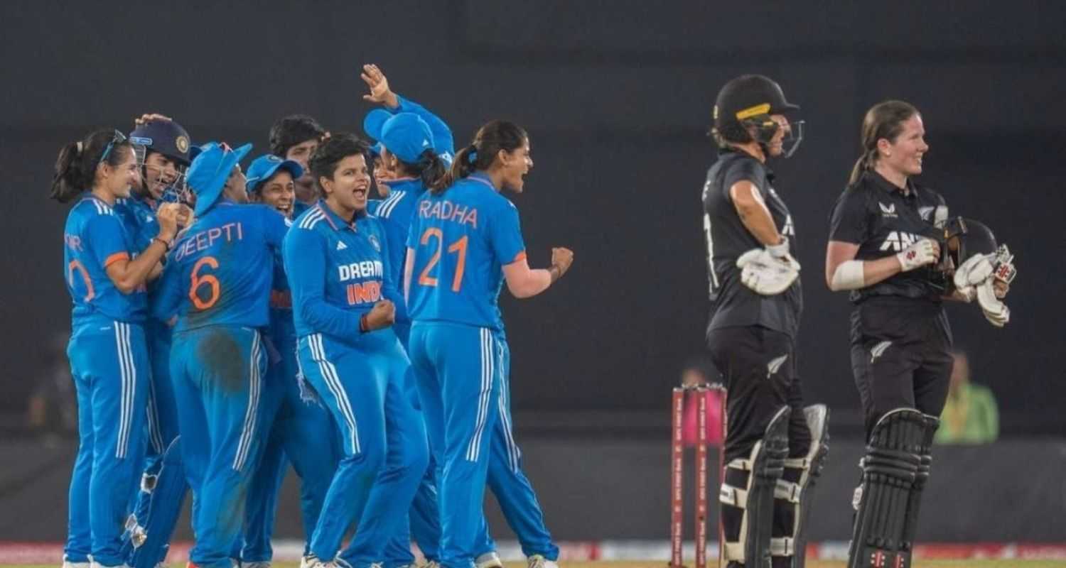 Indian women celebrate their 59 run victory over New Zealand in first ODI in Ahmedabad. 