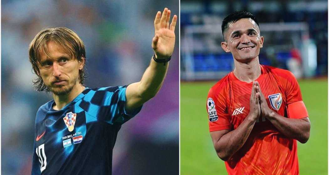 Croatia captain and Real Madrid superstar Luka Modric (L), India skipper Sunil Chhetri (R).