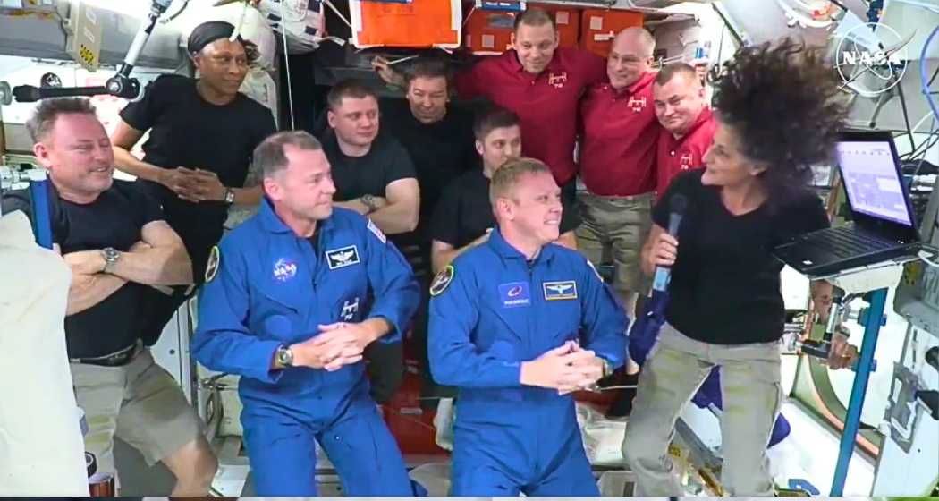 Astronaut Sunita Williams welcomes Nasa’s Nick Hague and Russian Space Agency’s Alexander Gorbunov to the International Space Station.