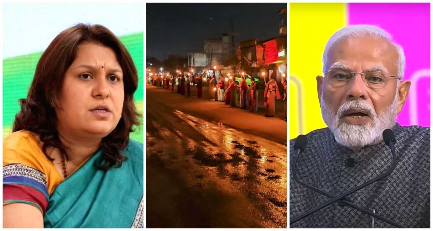 Congress spokesperson Supriya Shrinate (L), Women form a human chain to protest against the ethnic violence between the Meitei and Kuki community in Manipur (C), Prime Minister Narendra Modi (R).