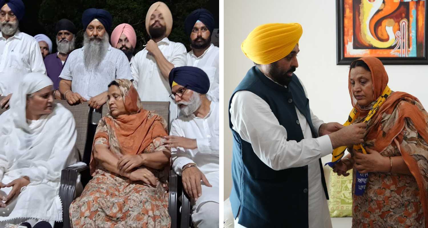 Surjit Kaur with Akali Dal leaders today evening (left), Surjit Kaur with Punjab CM Bhagwant Mann, today morning, when she switched to AAP fold (right). 