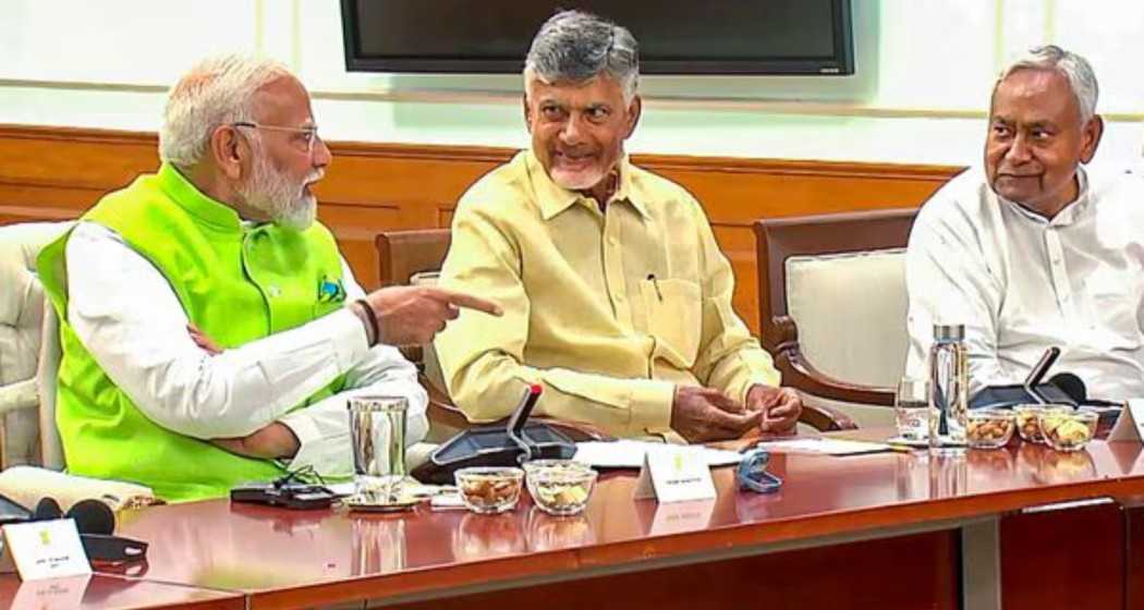 Prime Minister Narendra Modi with key allies TDP chief N Chandrababu Naidu, JD(U) chief Nitish Kumar during National Democratic Alliance (NDA) meeting at 7, Lok Kalyan Marg, in New Delhi.