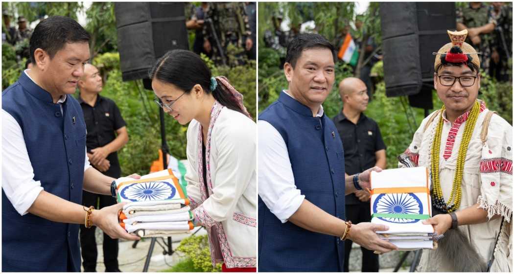 PM Khandu distributing Tiranga flags to citizens for display at their homes, encouraging nationwide participation in the 'Har Ghar Tiranga' campaign.