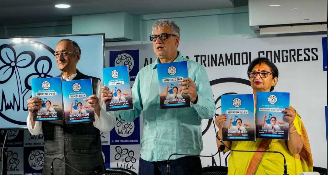 TMC leaders Amit Mitra, Derek O'Brien and Chandrima Bhattacharya release the party's election manifesto for the Lok Sabha elections, in Kolkata on Wednesday.