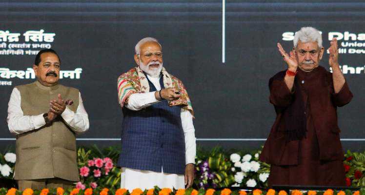 Prime Minister Narendra Modi with Union Minister Jitendra Singh and J&K Lt. Governor Manoj Sinha during the inauguration & foundation stone laying ceremony of multiple developmental projects, in Jammu, Tuesday, Feb. 20, 2024. 