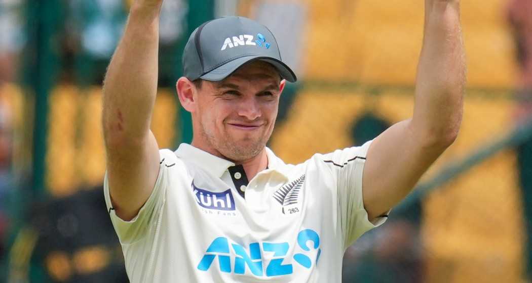 New Zealand's captain Tom Latham during the presentation ceremony after his team won the first test cricket match against India, at the M Chinnaswamy Stadium, in Bengaluru.