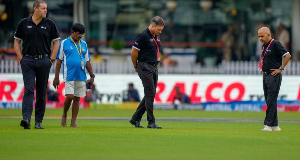 Match umpires and officials inspect the ground during the third day of the 2nd Test cricket match between India and Bangladesh, at the Green Park Stadium, in Kanpur, Sunday, Sep. 29, 2024. 