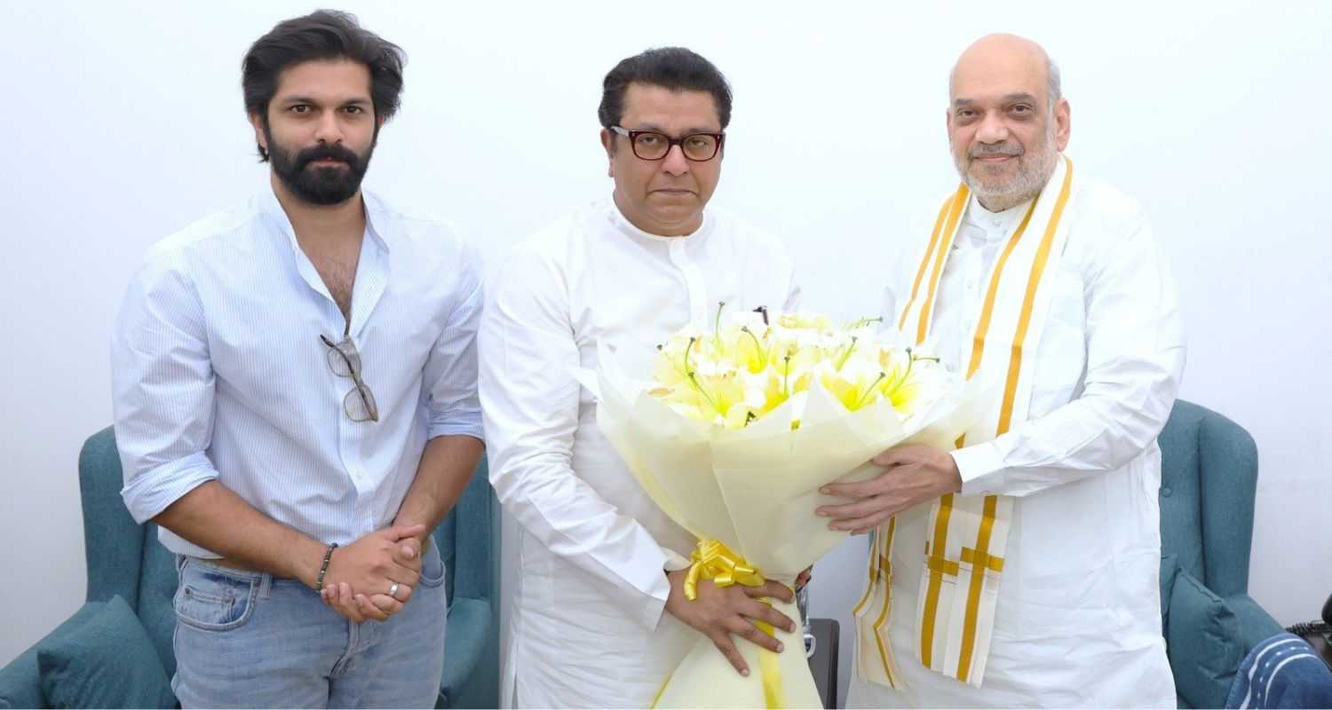 MNS Leader Raj Thackeray with his son Amit Thackeray meets Home Minister Amit Shah. Image X.