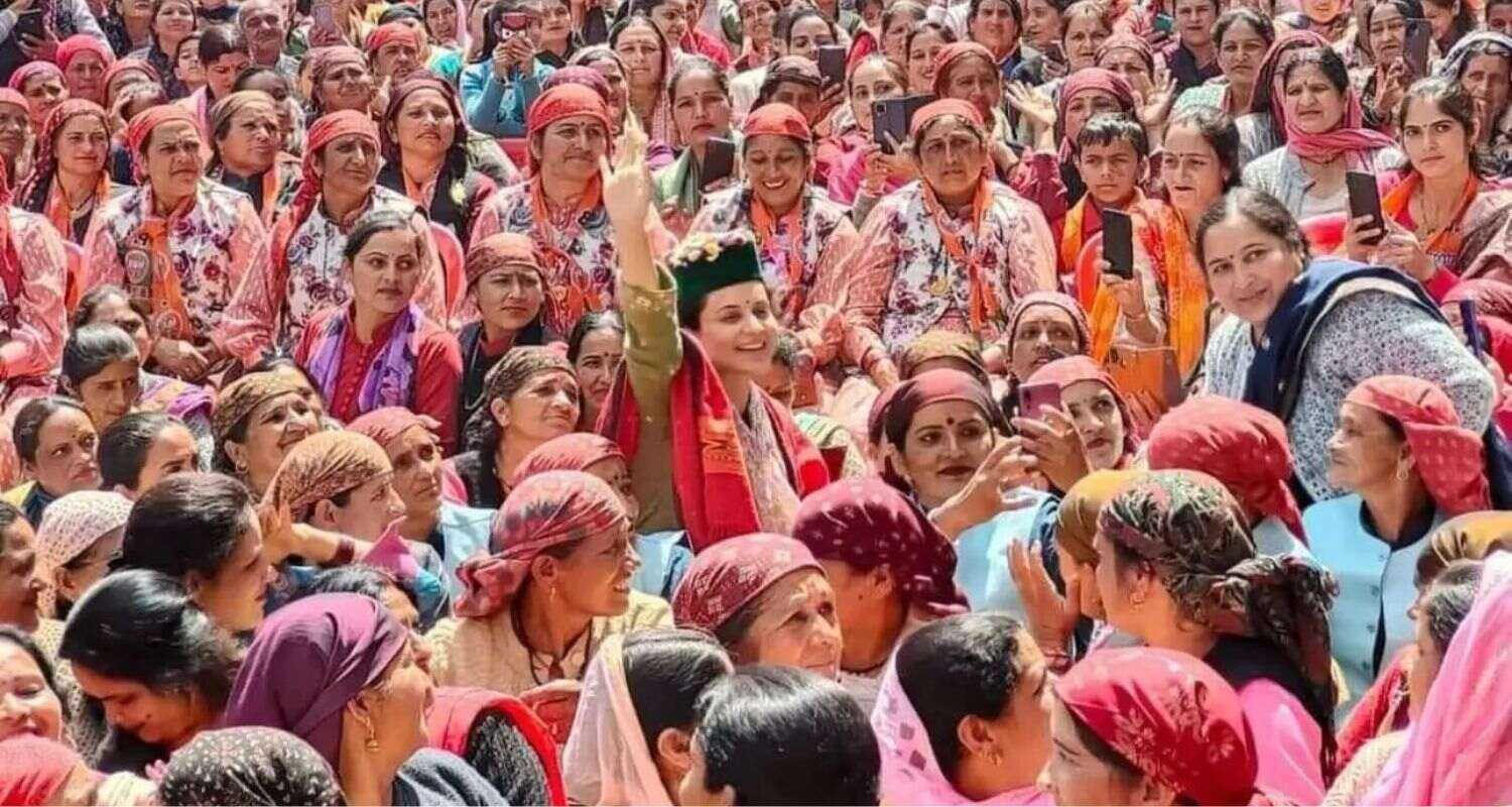 BJP Candidate from Mandi Constituency, Himachal Pradesh Kangana Ranaut with local women in Karsog area of Mandi during her election campaign. Image X.