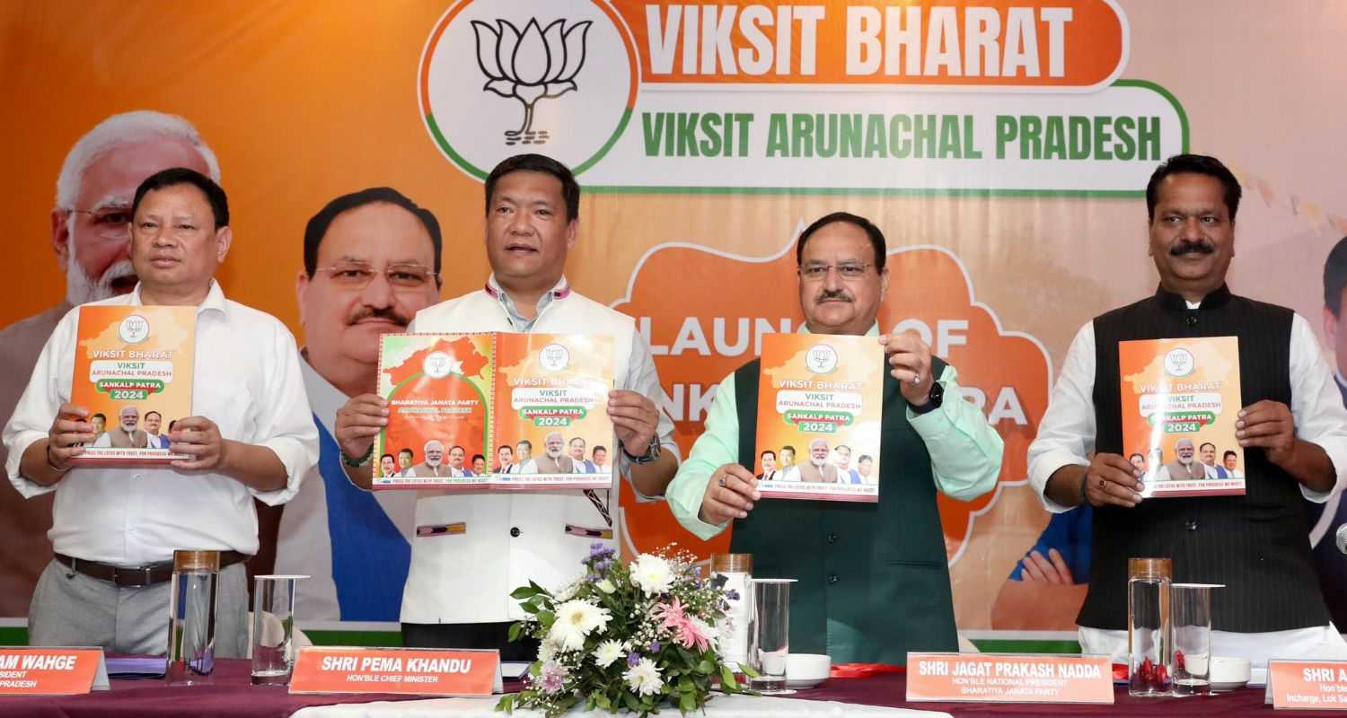 Party president JP Nadda (second from right) and Arunachal Pradesh CM Pema Khandu (second from left) along with senior party leaders unveiled the comprehensive document on Wednesday. They later addressed a spirited public rally in the state, highlighting the manifesto's key promises and the BJP's vision for Arunachal Pradesh's development.