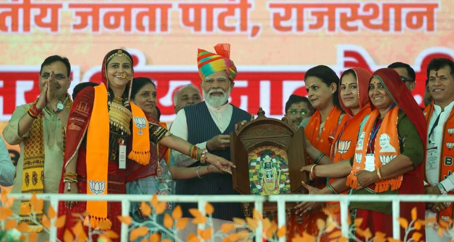 PM Modi in Barmer, Rajasthan addresses a rally. Image X.