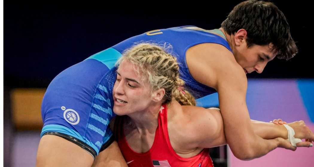 India's Anshu competes with USA's Helen Maroulis during women's freestyle 57kg wrestling pre-quarterfinal match at the 2024 Summer Olympics, in Paris, France, Thursday