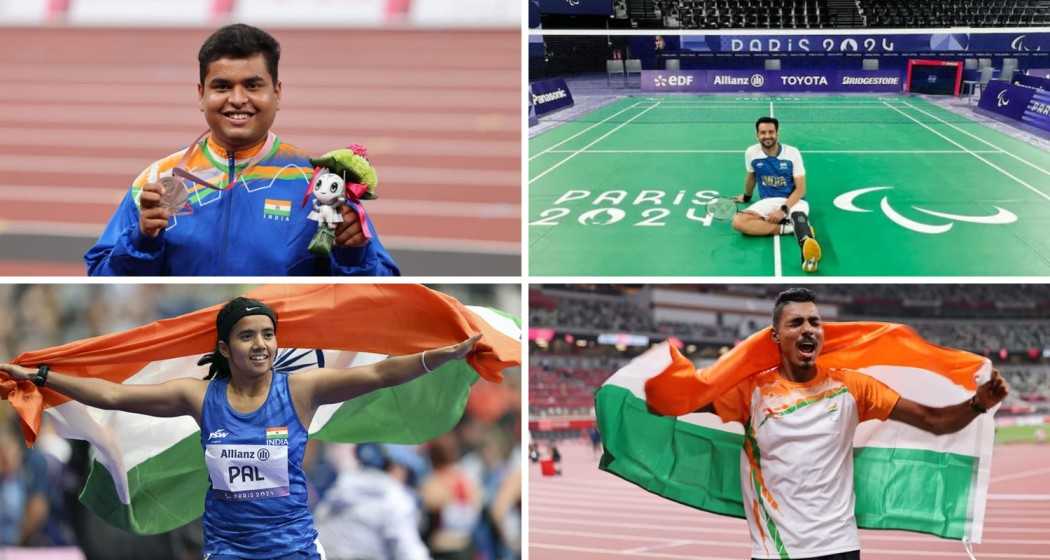 From Top left to Bottom right: Yogesh Kathuniya, Nitesh Kumar, Preethi Pal, and Nishad Kumar winning medals at Paralympics. 