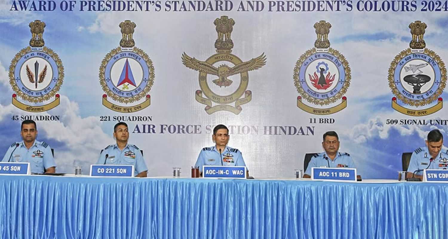 AOC-in-C Western Air Command Air Marshal PM Sinha and other air force personnel during the curtain raiser press conference.