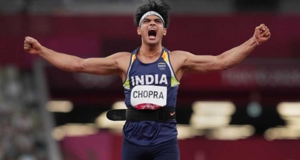 Neeraj Chopra reacts as he competes in the final of the men's javelin throw event at the 2020 Summer Olympics, in Tokyo.