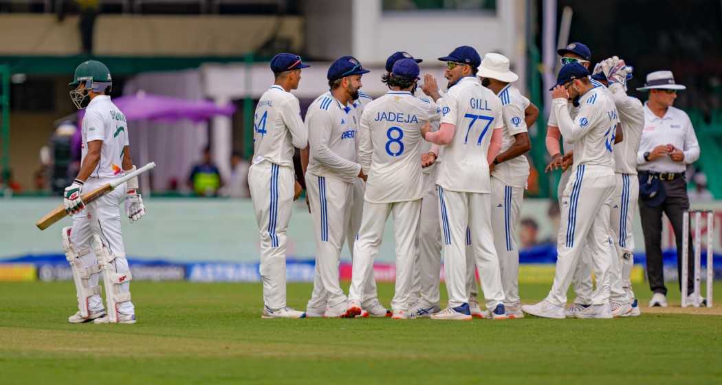 India's Akash Deep with teammates celebrates the wicket of Shadman Islam during the first day of the 2nd cricket Test match between India and Bangladesh at the Green Park Stadium, in Kanpur, Friday, Sept. 27, 2024.