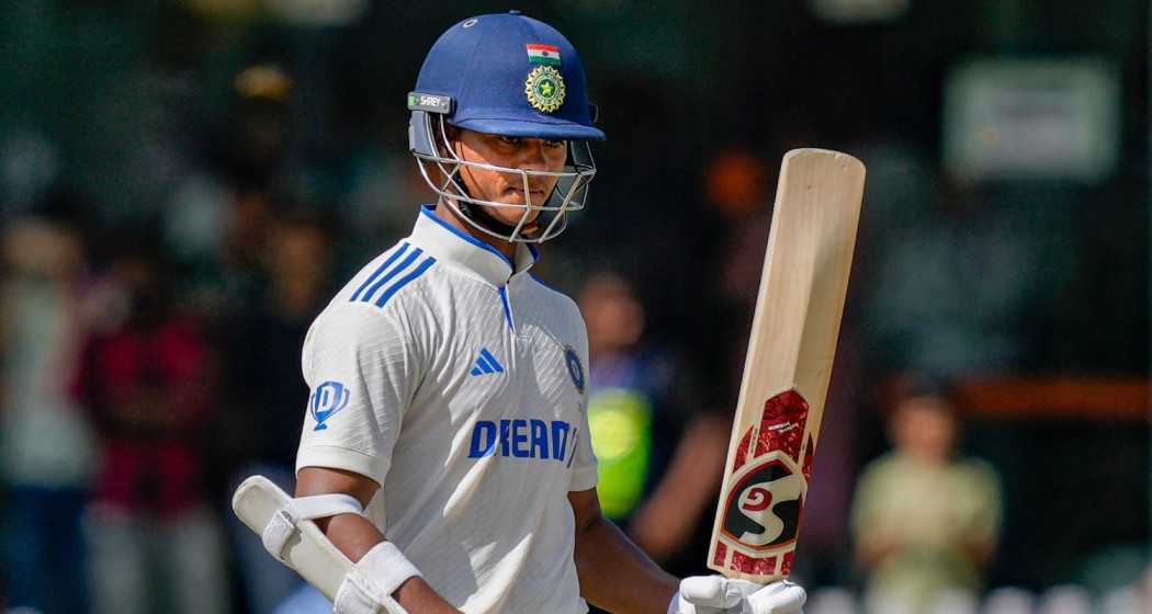 India's Yashasvi Jaiswal celebrates his fifty during the fourth day of the 2nd Test cricket match between India and Bangladesh, at Green Park, Kanpur, Monday, Sept. 30, 2024.