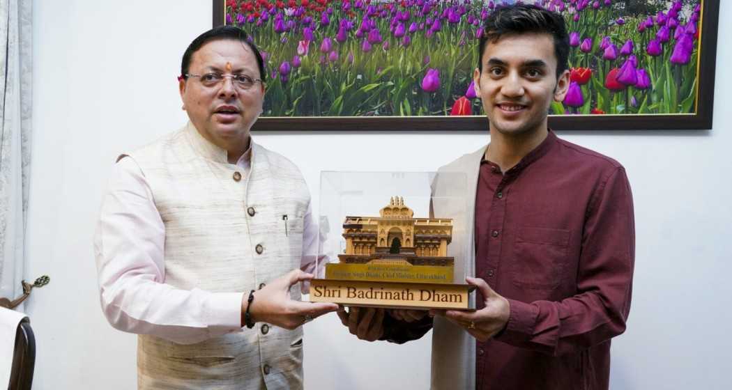 Uttarakhand CM Pushkar Singh Dhami meets Indian Shuttler Lakshya Sen.