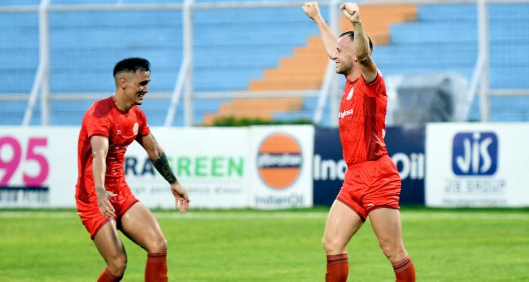 Players of Punjab FC celebrate during a Durand Cup 2024 football match between Punjab FC and Mumbai City FC at Kishore Bharati Krirangan, in Kolkata, Sunday, Aug. 11, 2024.