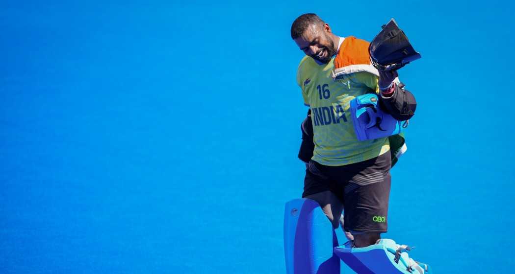 Happy Sreejesh after winning Bronze against Spain in the Paris Olympics.