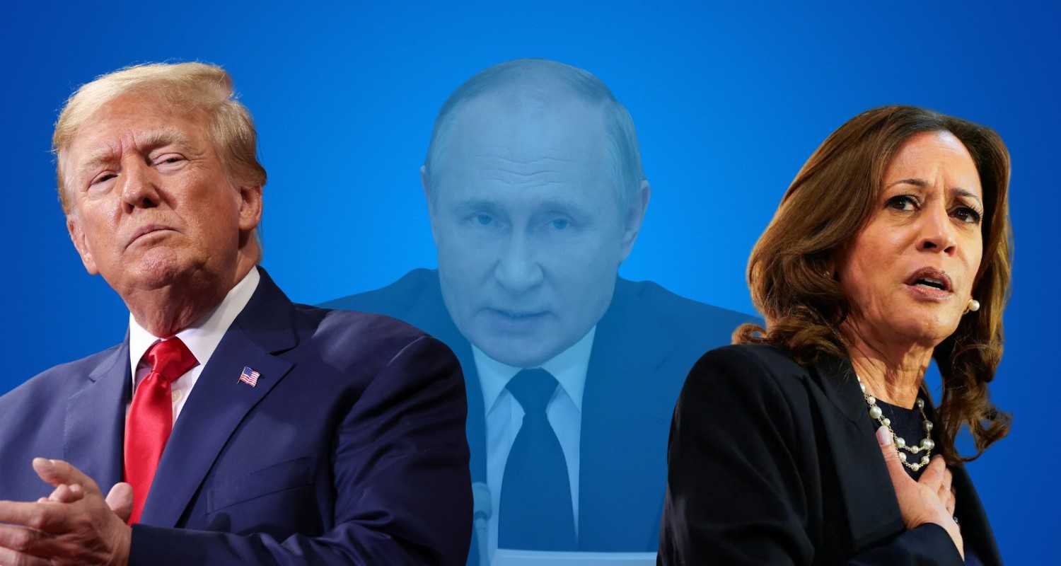 Donald Trump, Vladimir Putin and Kamala Harris.