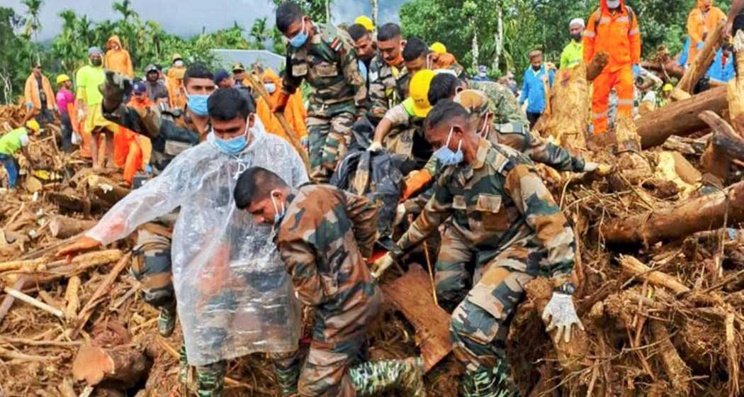 Rescue operation underway after landslides triggered by rain, in Wayanad district, Kerala. 