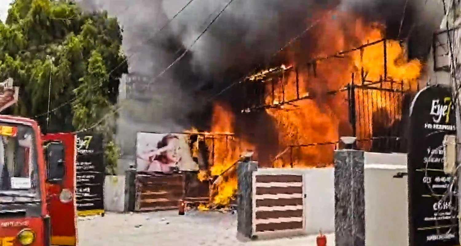 Smoke and flames billow out after a fire broke out at an eye hospital, in Lajpat Nagar, New Delhi on Wednesday.